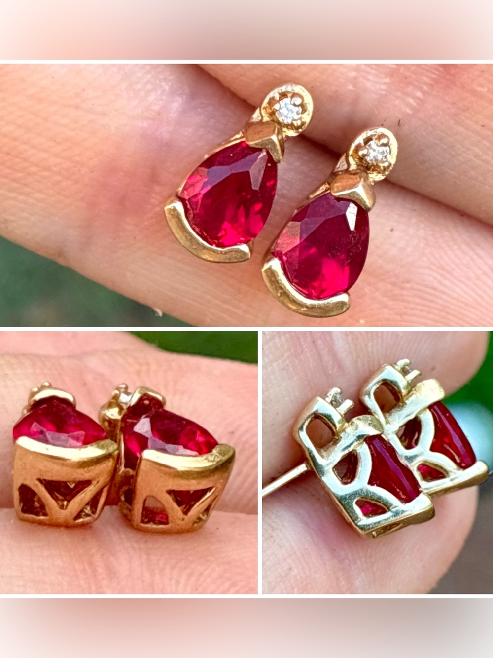 Solid 10k yellow gold genuine diamond/ruby earrings